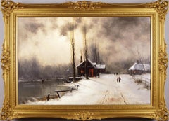 Peinture à l'huile d'un paysage d'hiver du 19e siècle représentant des personnages faisant du patinage