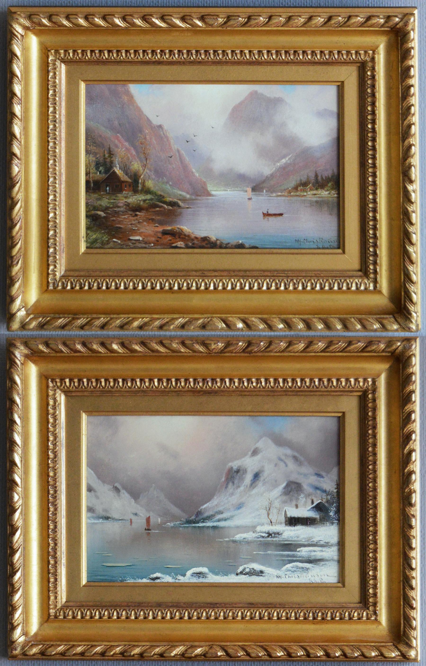 Nils Hans Christiansen Landscape Painting - Pair of 19th Century lake scene oil paintings