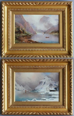 Paire de peintures à l'huile de scènes de lac du 19e siècle