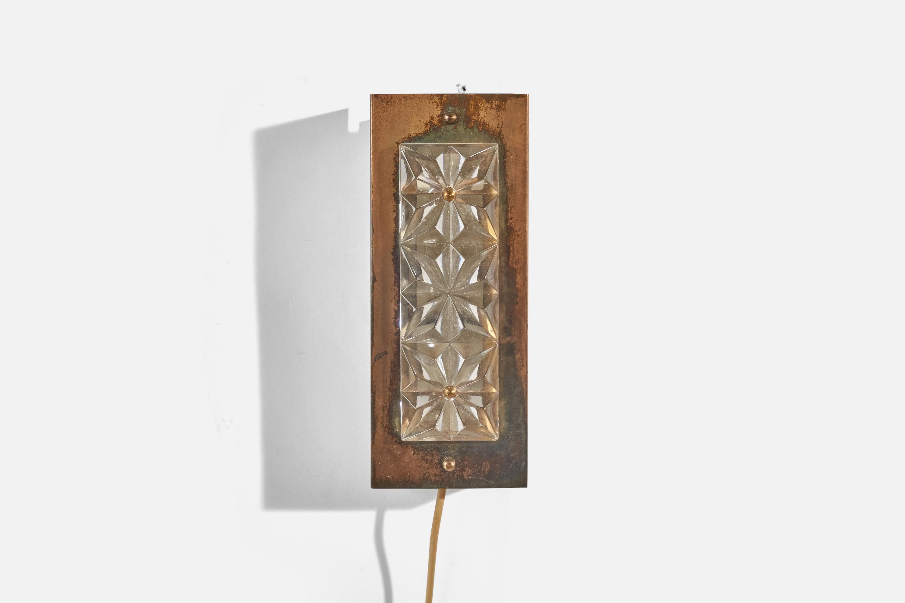 Swedish Nils H. Ledung, Wall Light, Copper, Brass, Glass, Sweden, 1960s For Sale