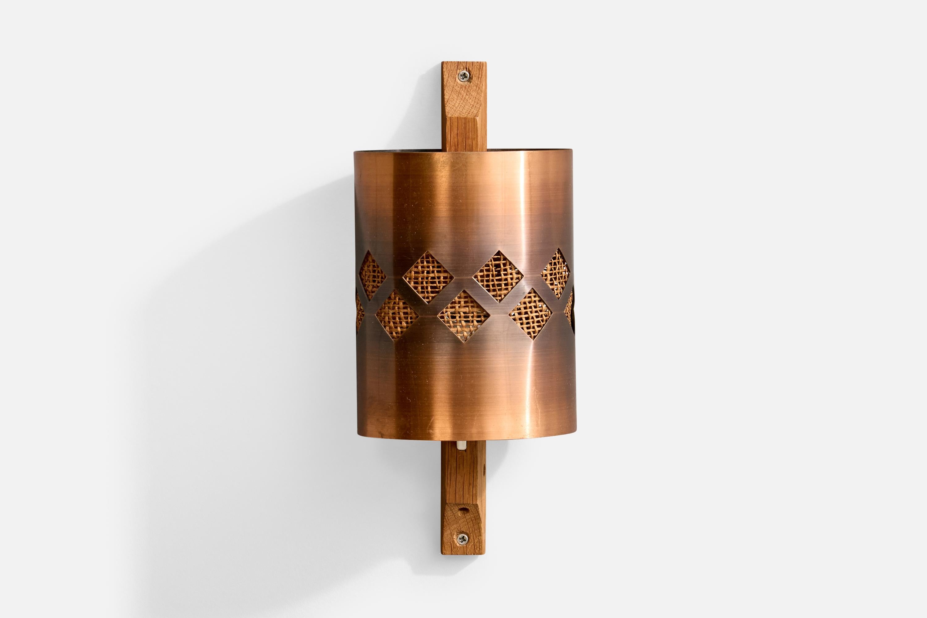 Mid-Century Modern Nils H. Ledung, Wall Light, Copper, Teak, Raffia, Sweden, 1960s For Sale