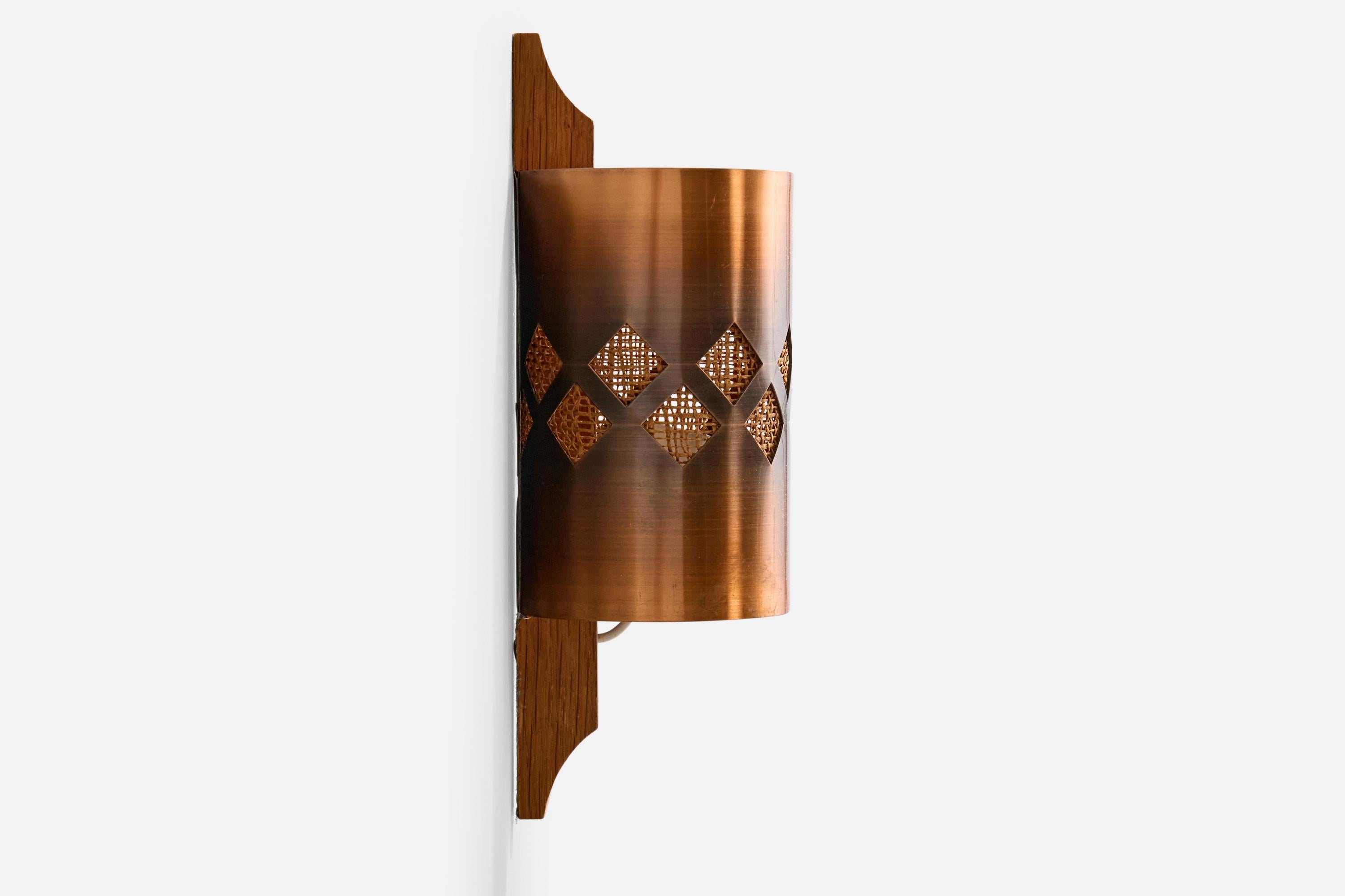 Swedish Nils H. Ledung, Wall Light, Copper, Teak, Raffia, Sweden, 1960s For Sale