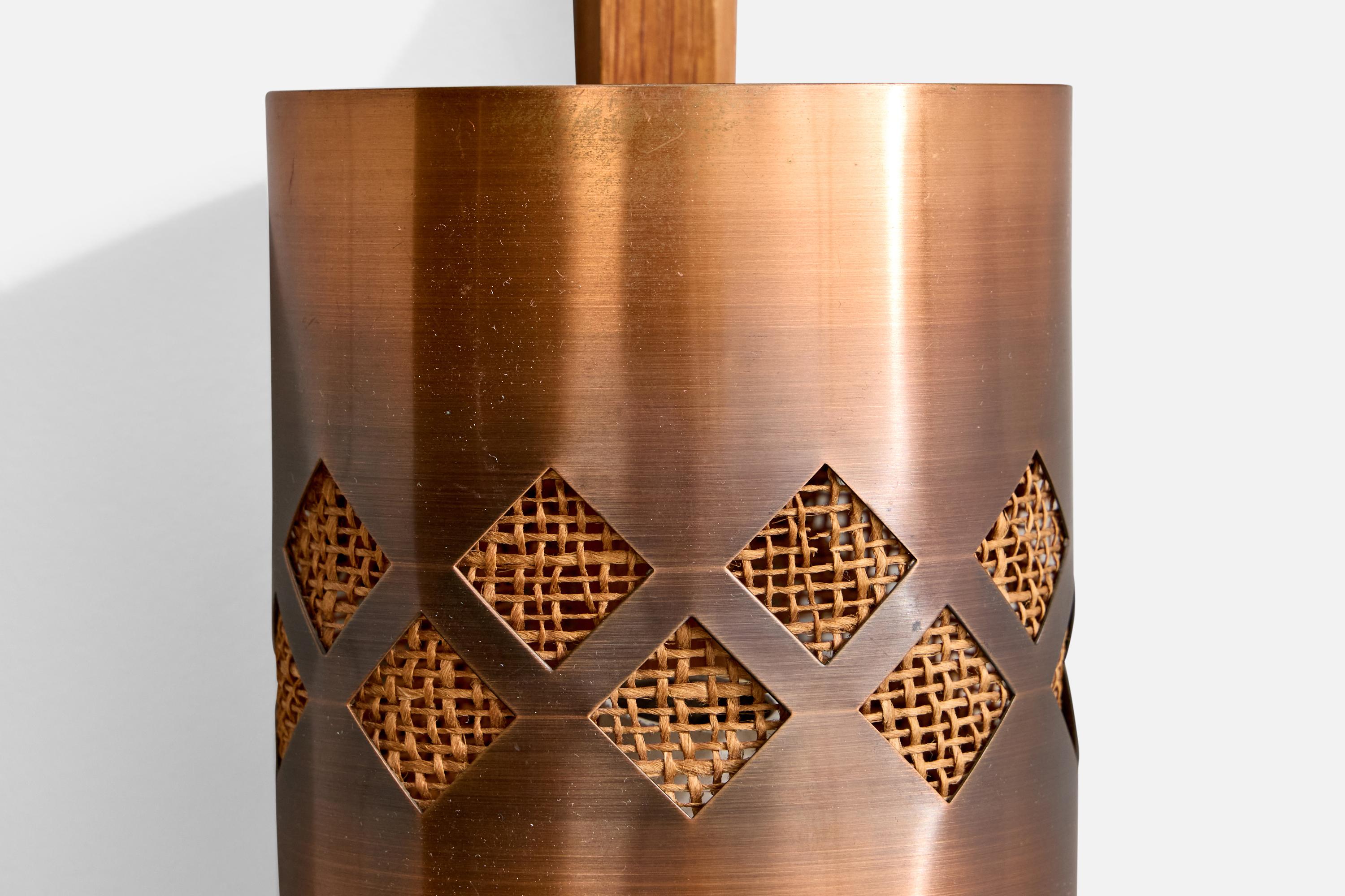 Mid-20th Century Nils H. Ledung, Wall Light, Copper, Teak, Raffia, Sweden, 1960s For Sale