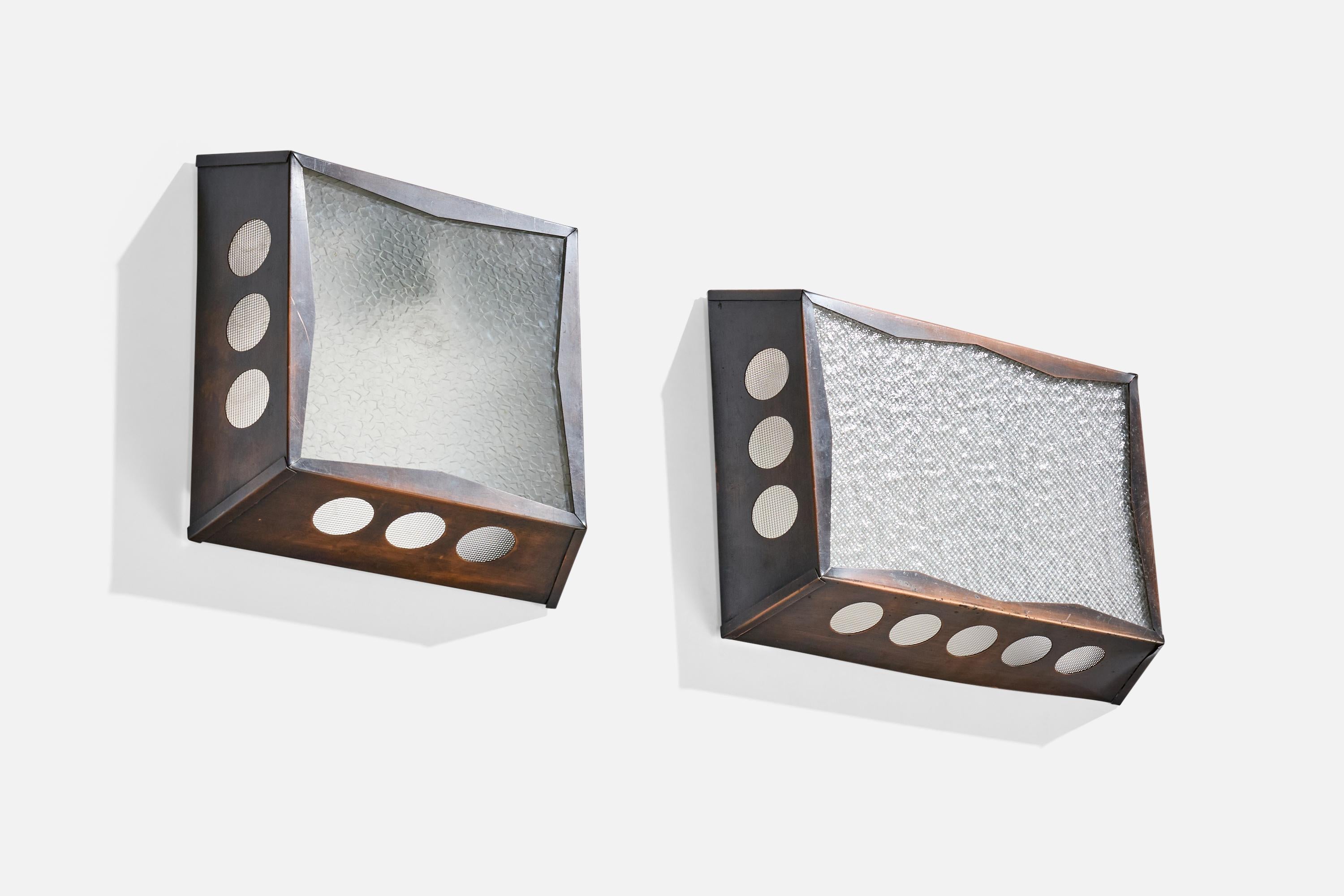 A pair of copper and frosted glass wall lights or flush mounts designed and produced by Nils H. Ledung, Sweden, c. 1960s.

Larger fixture: Overall Dimensions (Inches): 11.4” H x 16.15” W x 3.5“ D

Smaller Fixture: Overall Dimensions (Inches): 11.5”