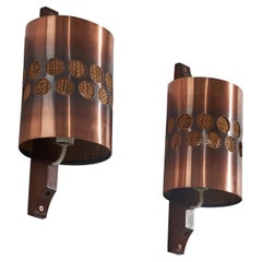 Nils H. Ledung, Wall Lights, Copper, Oak, Raffia, Sweden, 1960s