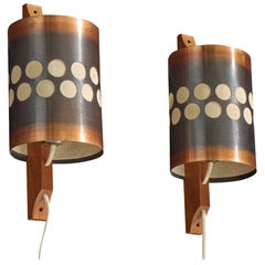 Nils H. Ledung, Wall Lights, Copper, Oak, Raffia, Sweden, 1960s