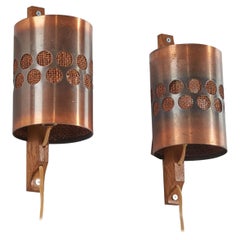 Nils H. Ledung, Wall Lights, Oak, Copper, Burlap, Sweden, 1960s
