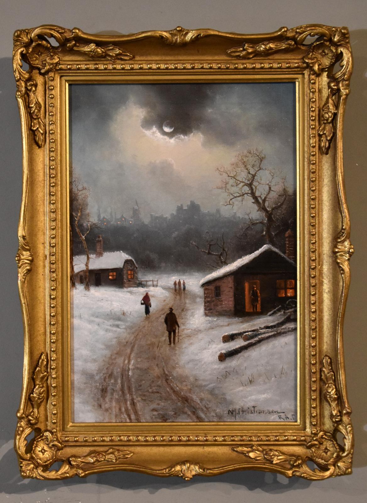 Nils Hans Christiansen Landscape Painting - Oil Painting by Niels Hans Christiansen "Evening by a Dutch Town"