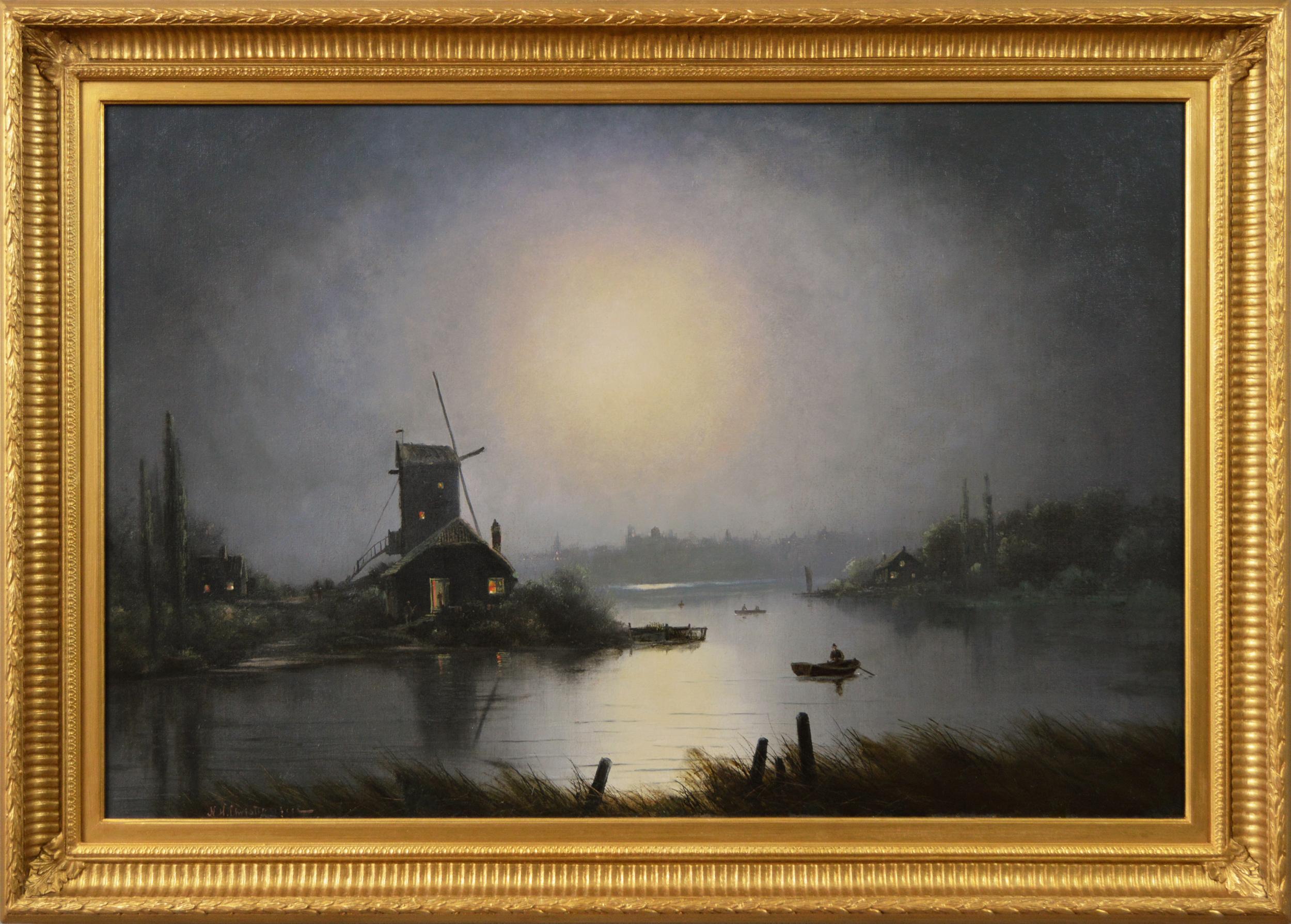Nils Hans Christiansen Landscape Painting - 19th Century landscape oil painting of a lake in moonlight 