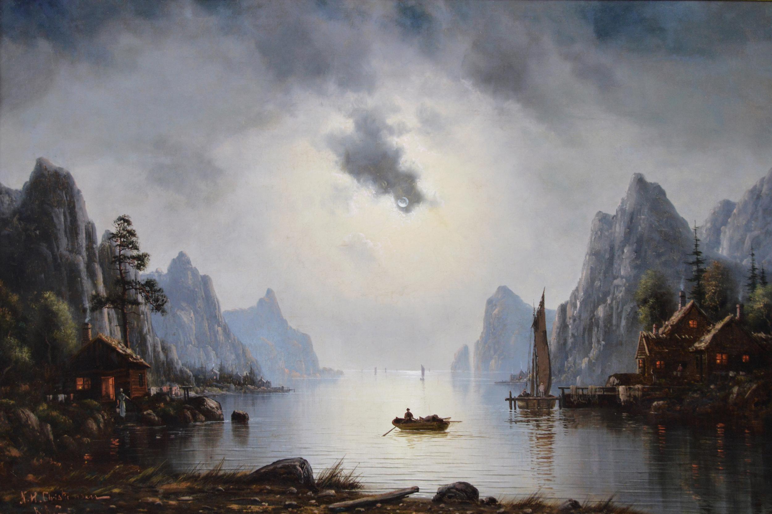 19th Century landscape oil painting of houses by a Fjord with boats - Painting by Nils Hans Christiansen