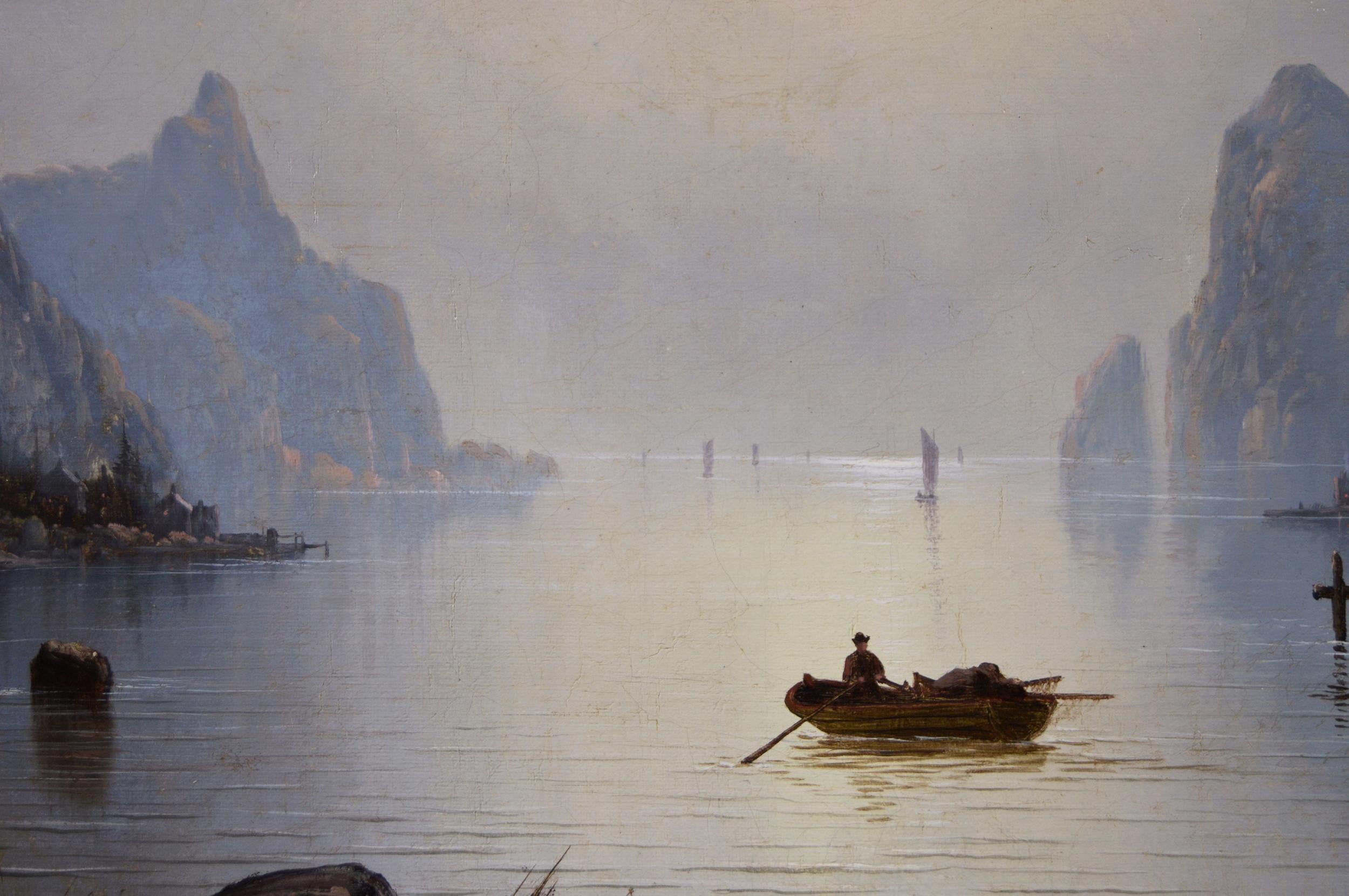 19th Century landscape oil painting of houses by a Fjord with boats - Victorian Painting by Nils Hans Christiansen