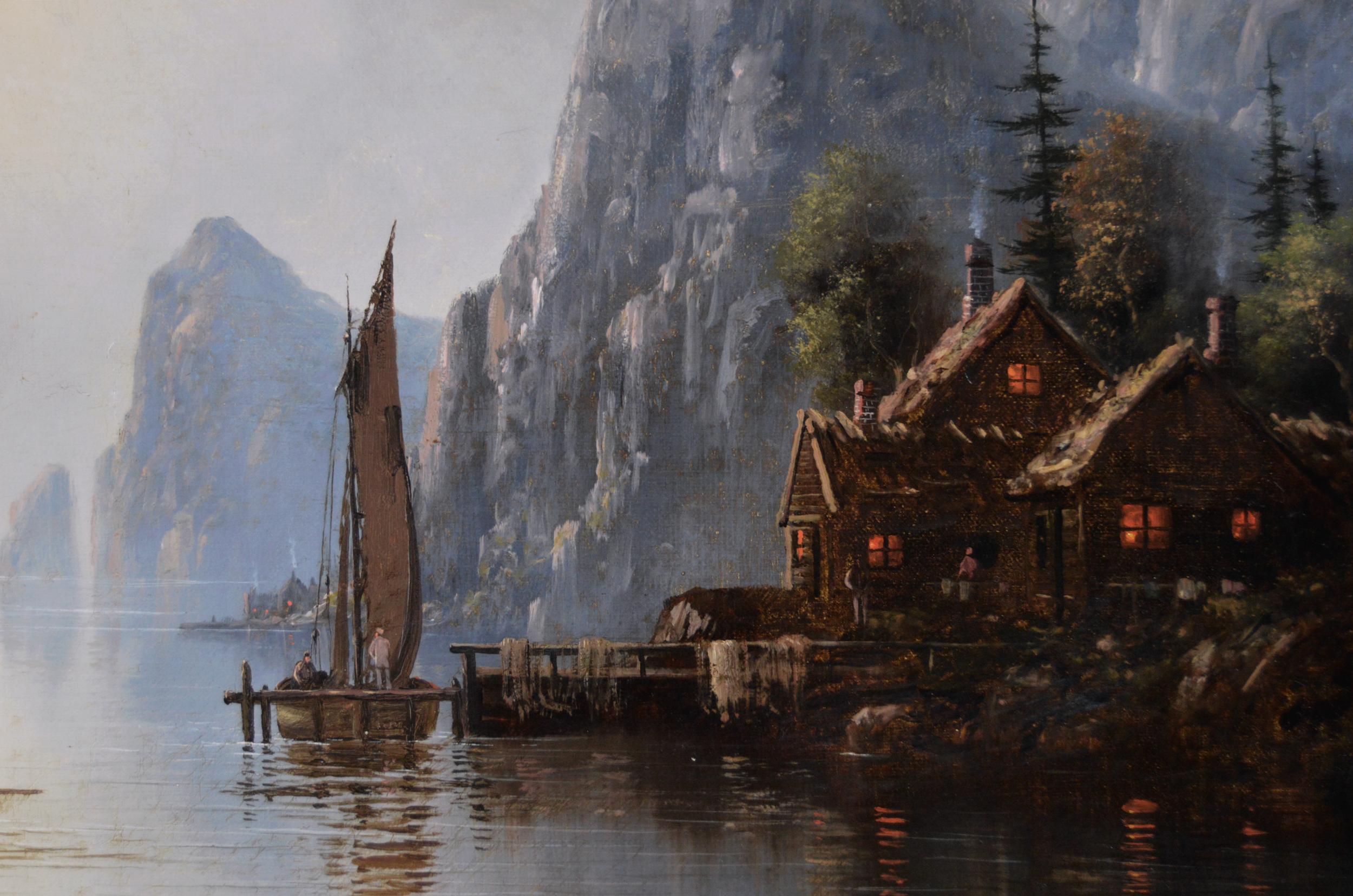 19th Century landscape oil painting of houses by a Fjord with boats - Gray Landscape Painting by Nils Hans Christiansen