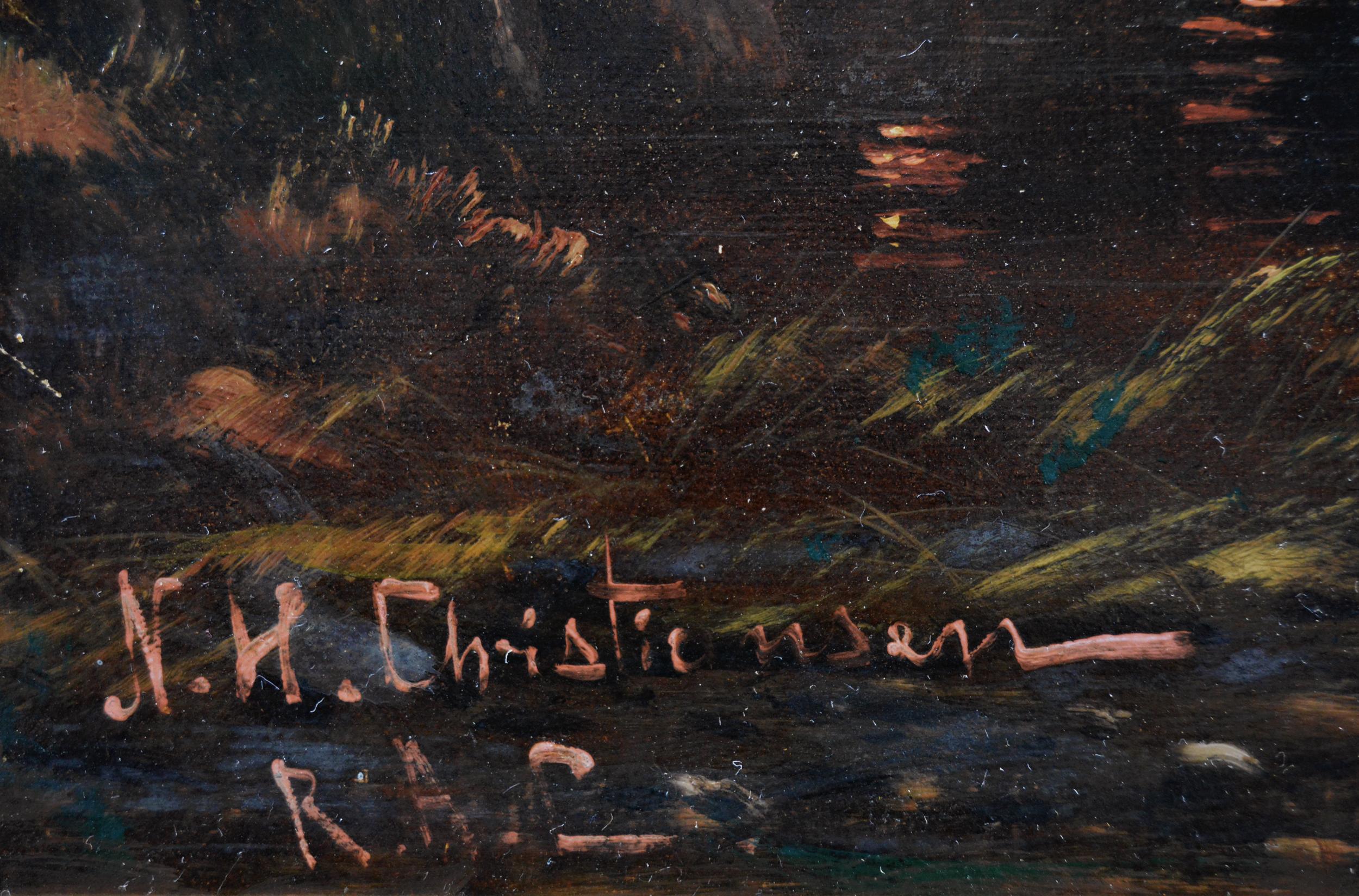 Nils H Christiansen 
Danish, (1850-1922)
Evening on a Fjord
Oil on canvas, signed
Image size: 23.5 inches x 35.25 inches 
Size including frame: 29.75 inches x 41.5 inches

Nils or Niels Hans Christiansen was a well-accomplished painter born in