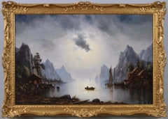 Peinture à l'huile de paysage du XIXe siècle représentant des maisons près d'unjord avec des bateaux