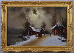 19th Century winter landscape oil painting of a village at night