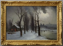 19th Century winter landscape oil painting of a village with figures skating
