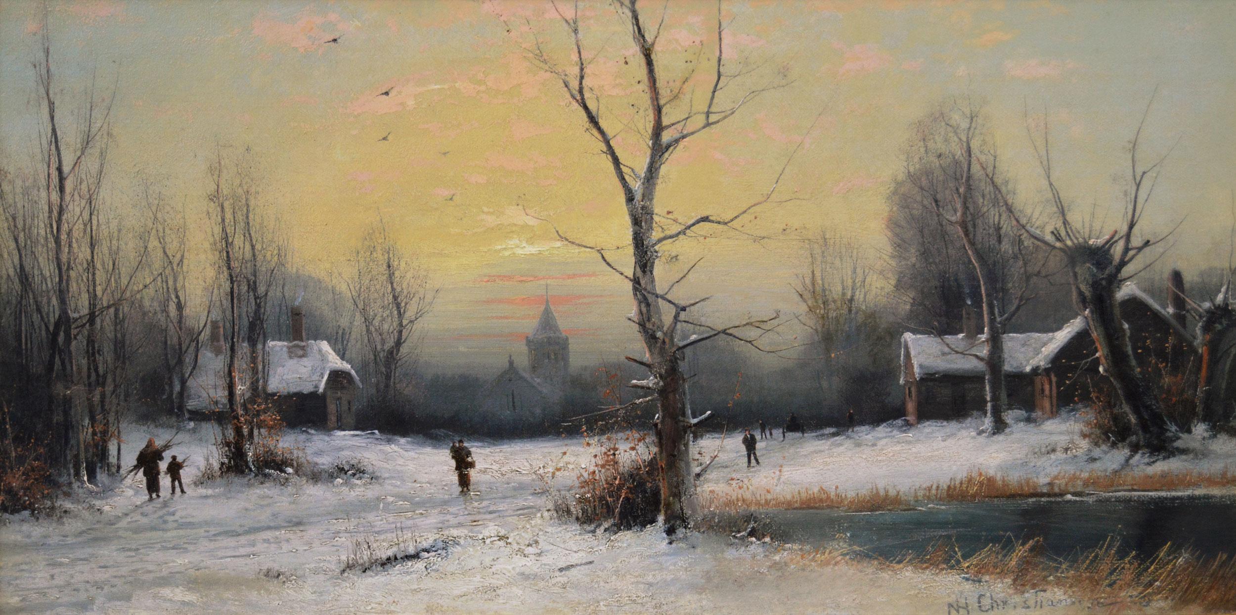 19th Century winter landscape oil painting of figures in a village  - Painting by Nils Hans Christiansen