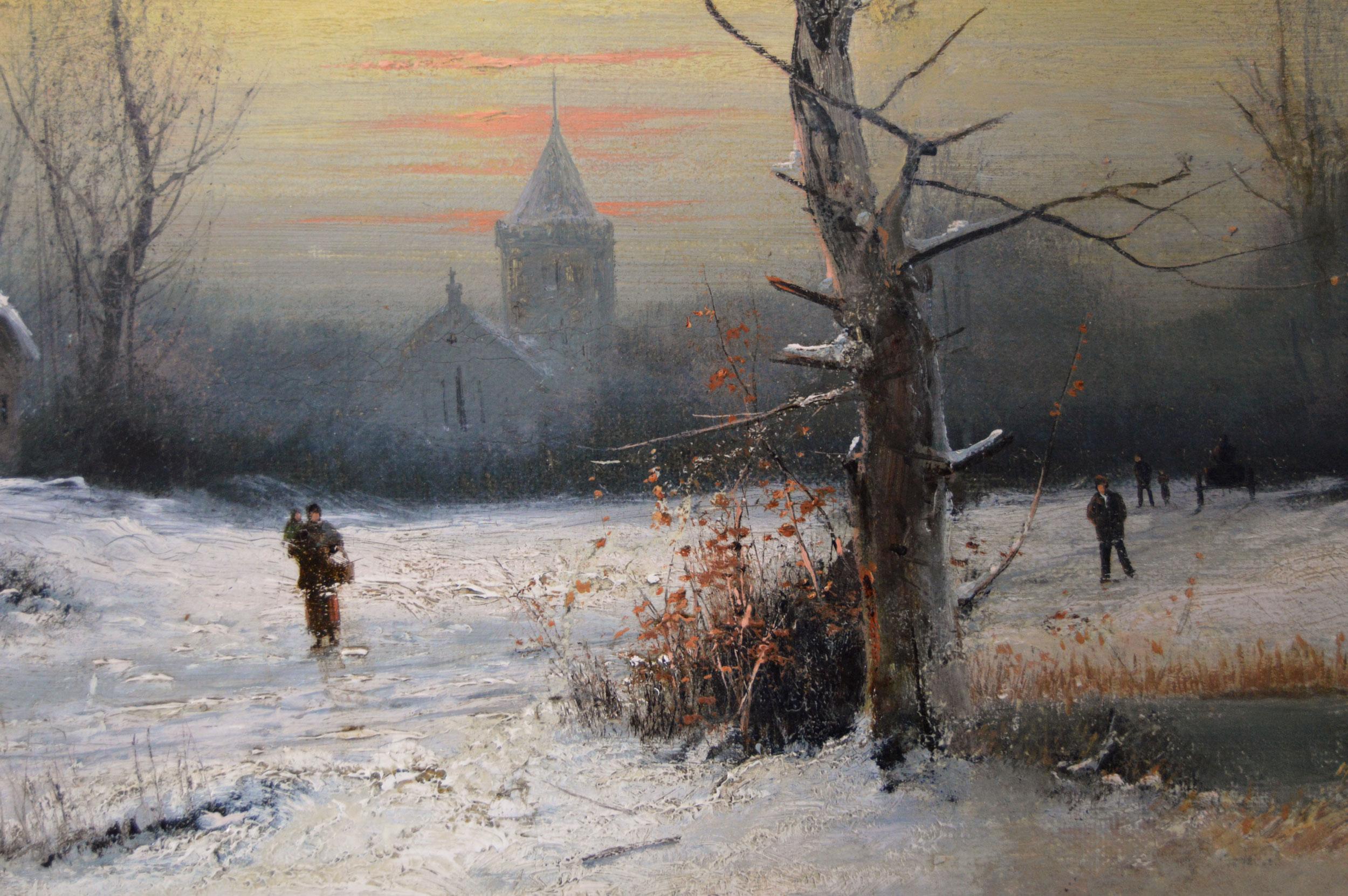 19th Century winter landscape oil painting of figures in a village  - Victorian Painting by Nils Hans Christiansen