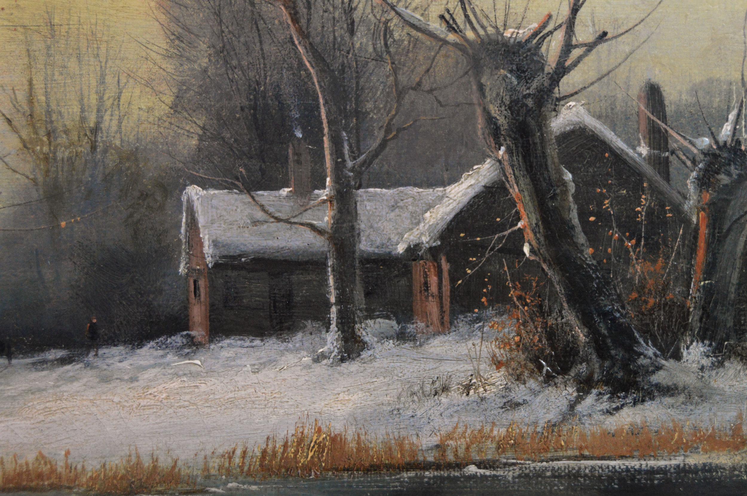 19th Century winter landscape oil painting of figures in a village  - Brown Landscape Painting by Nils Hans Christiansen