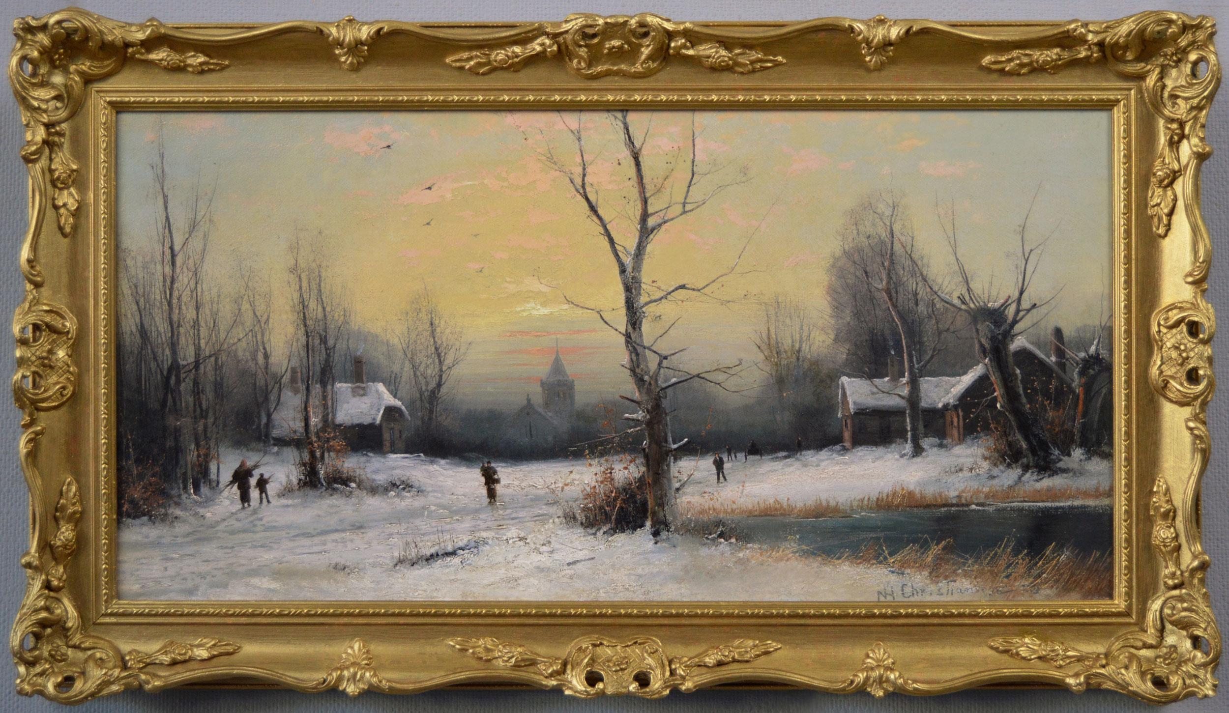 Nils Hans Christiansen Landscape Painting - 19th Century winter landscape oil painting of figures in a village 