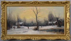 19th Century winter landscape oil painting of figures in a village 