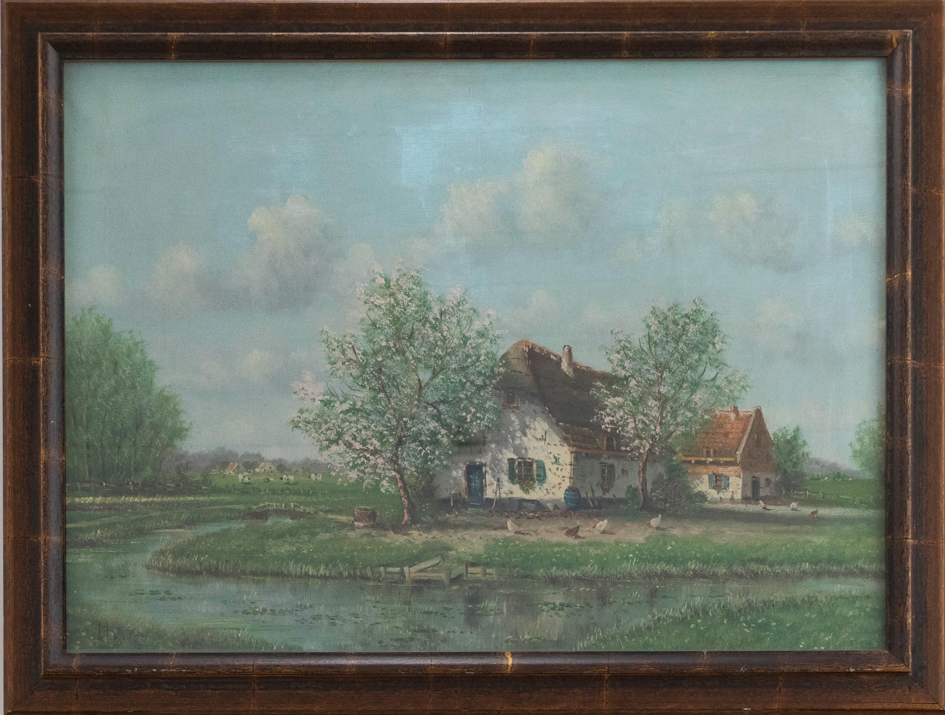 A charming oil depiction of a Scandinavian Farmstead in high summer. Chicken roam by a small stream and cattle graze in distant fields. there artist captures the soft summer light hitting the walls of the farmhouse, lightly obscured by the shadows