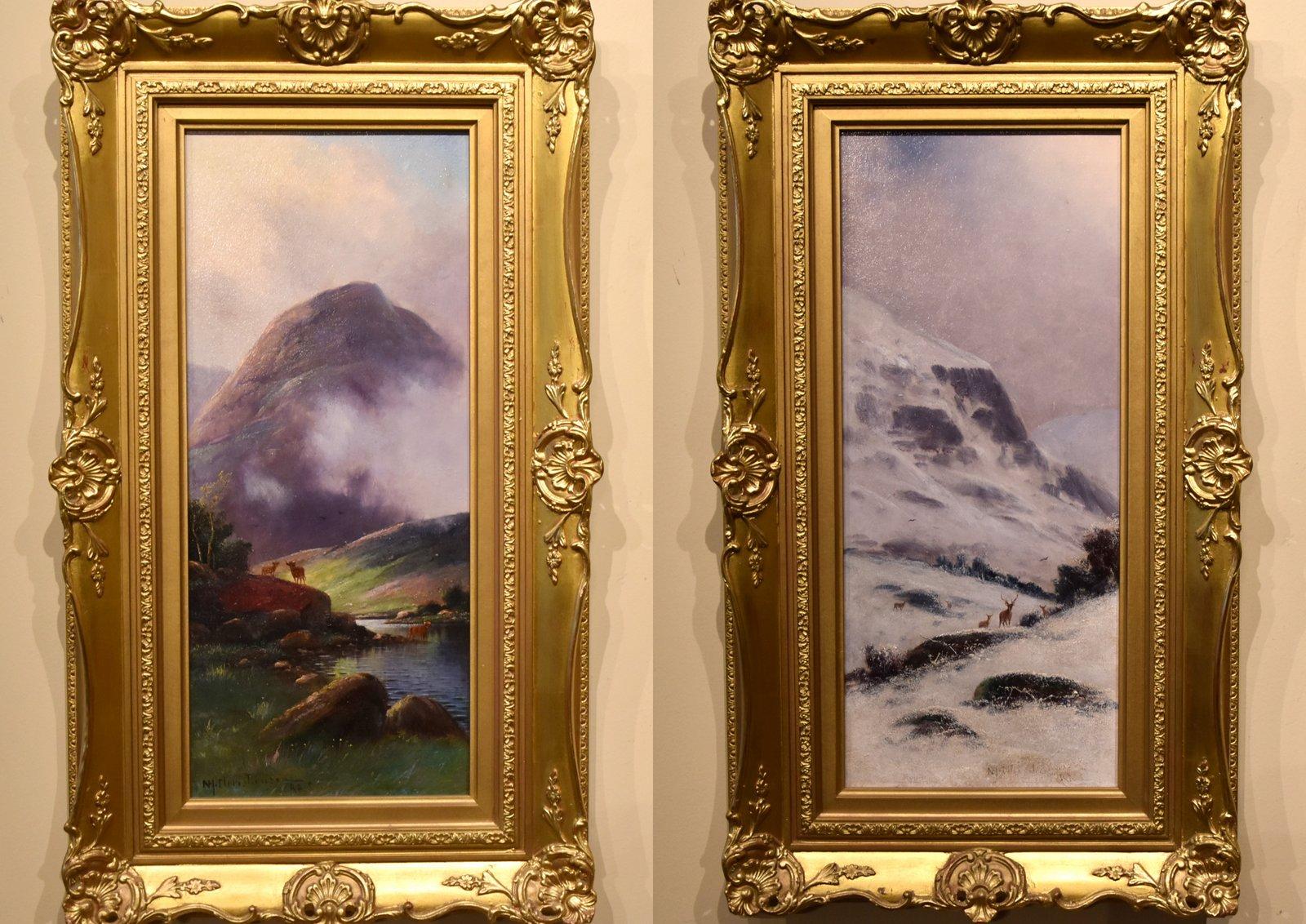 L'été dans les Highlands avec le bétail et l'hiver dans les Highlands avec les cerfs.  Paire de Nils Hans Christiansen RAC 1850-22 Peintre danois de scènes norvégiennes colorées.  Les deux huiles sur panneau 18x8" signées.

largeur 14.25"