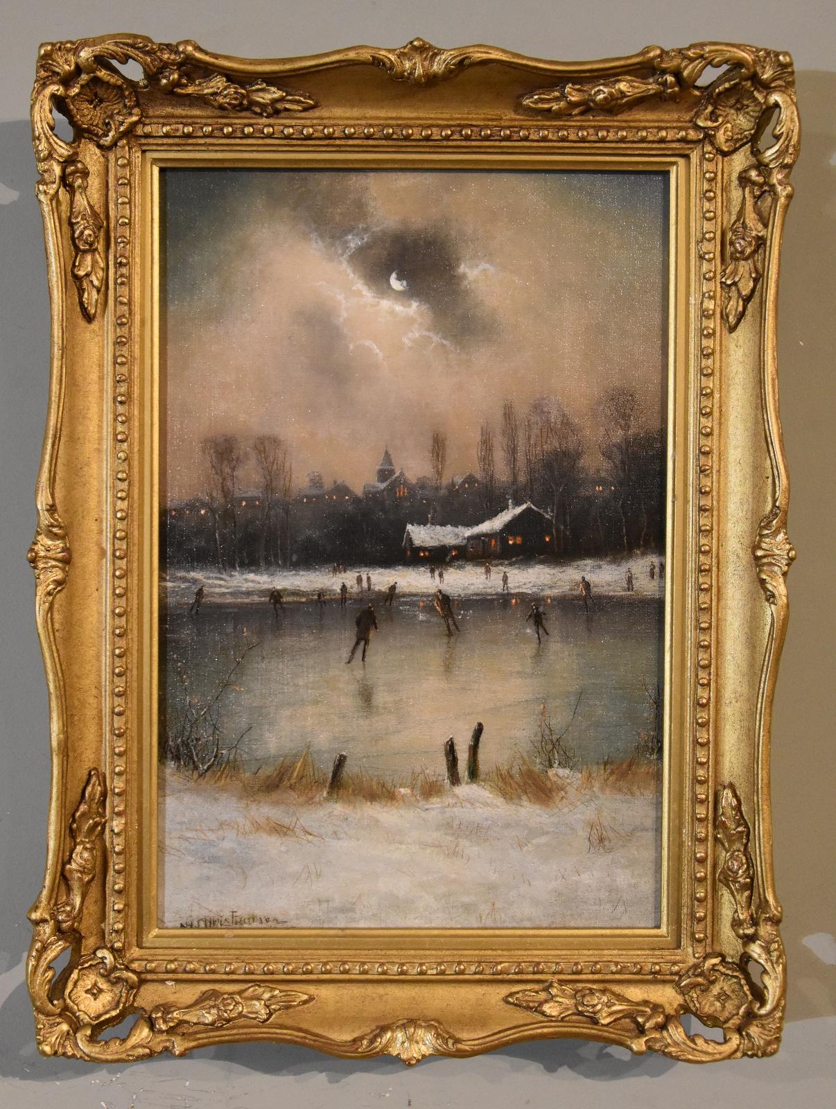 Dipinto a olio di Nils Hans Christiansen "Pattinaggio" 1850-1922 Pittore popolare di scene di fiordi. Panorami invernali olandesi e paesaggi di alta montagna. Olio su tela.

Dimensioni senza cornice:
altezza 14" x larghezza 10"
Dimensioni