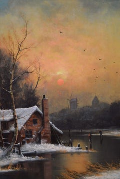 Pareja de óleos de paisajes de lagos del siglo XIX