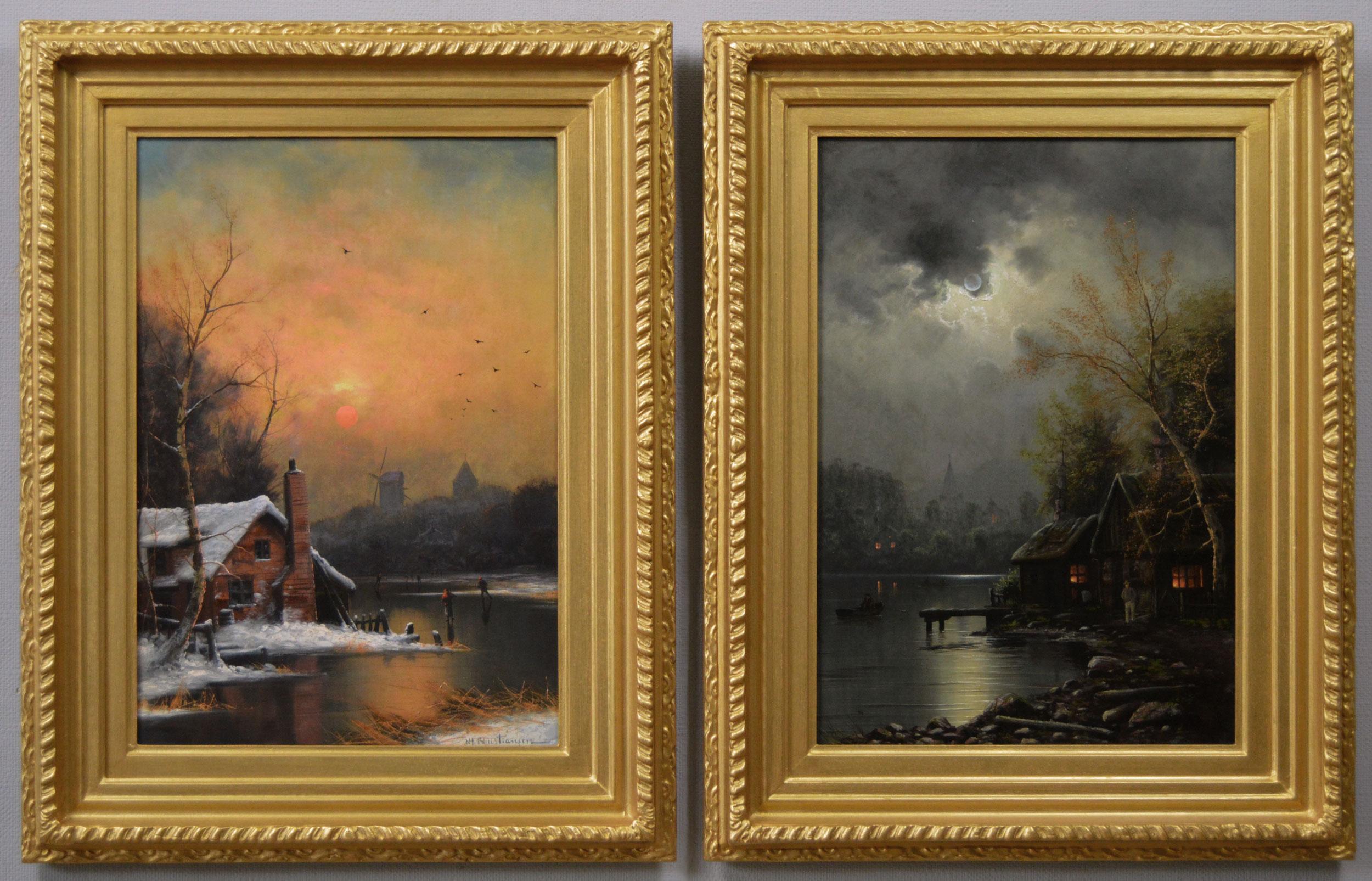 Paire de peintures à l'huile de paysages du 19e siècle représentant des lacs 