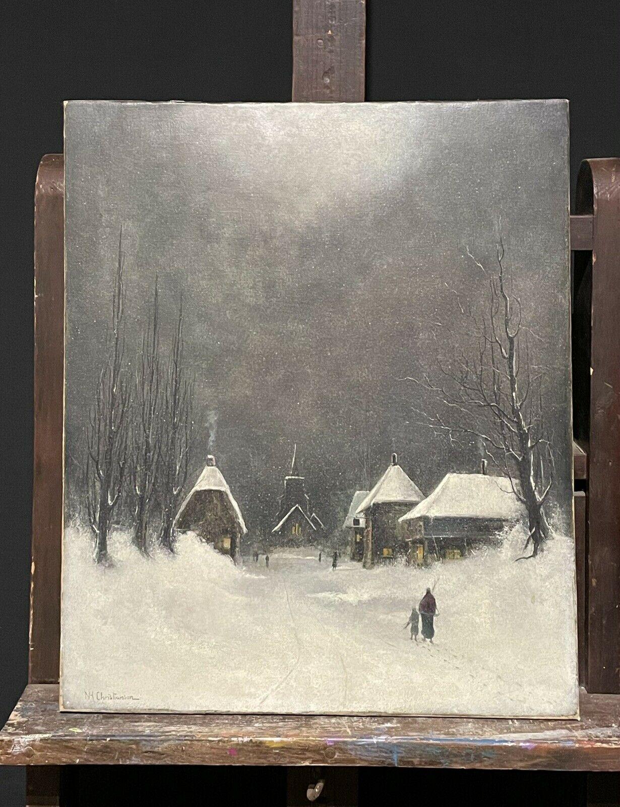 SIGNED ORIGINAL OIL PAINTING - FIGURES WALKING THROUGH WINTER SNOW VILLAGE PATH - Painting by Nils Hans Christiansen