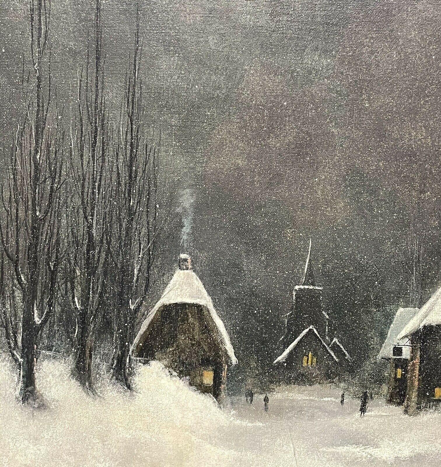 SIGNED ORIGINAL OIL PAINTING - FIGURES WALKING THROUGH WINTER SNOW VILLAGE PATH - Victorian Painting by Nils Hans Christiansen