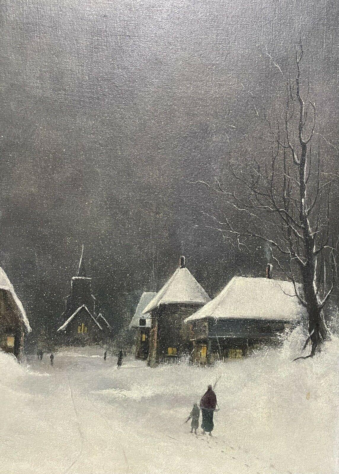 SIGNED ORIGINAL OIL PAINTING - FIGURES WALKING THROUGH WINTER SNOW VILLAGE PATH - Gray Landscape Painting by Nils Hans Christiansen