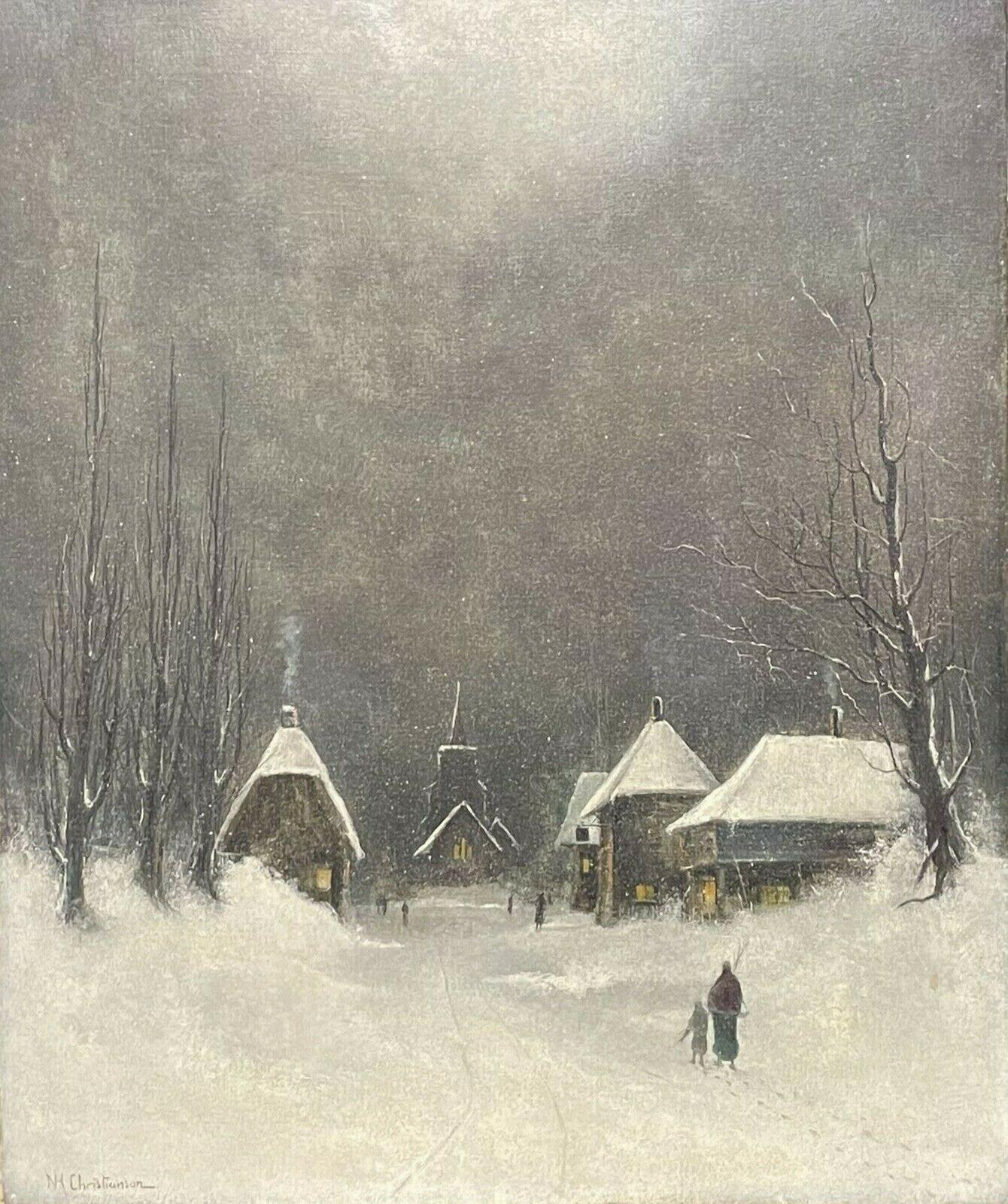 Nils Hans Christiansen Landscape Painting - SIGNED ORIGINAL OIL PAINTING - FIGURES WALKING THROUGH WINTER SNOW VILLAGE PATH