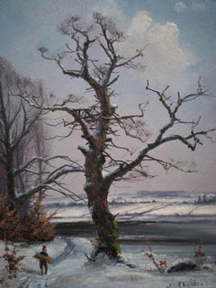 Winter Landscape With an Old Tree By Danish Artist Nils Hans Christiansen  