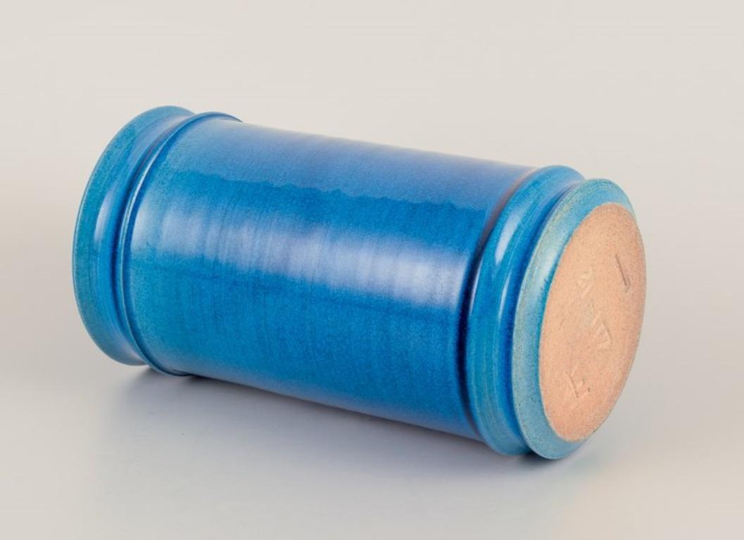 Glazed Nils Kähler for Kähler.  Cylindrical ceramic vase.  Azure glaze. 1960s/70s. For Sale