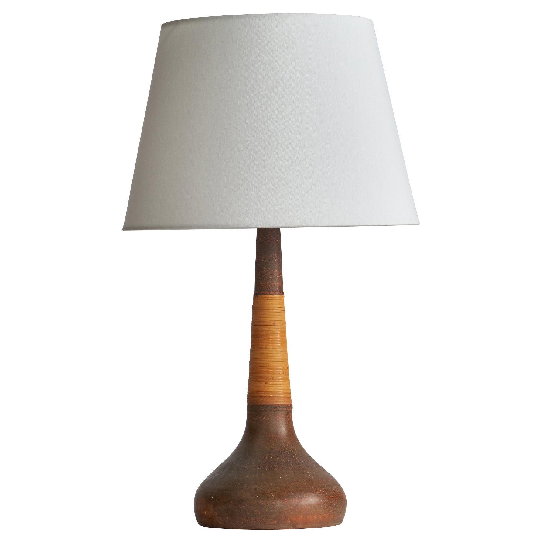 Nils Kähler, Table Lamp, Ceramic, Brass. Rattan, Denmark, 1960s