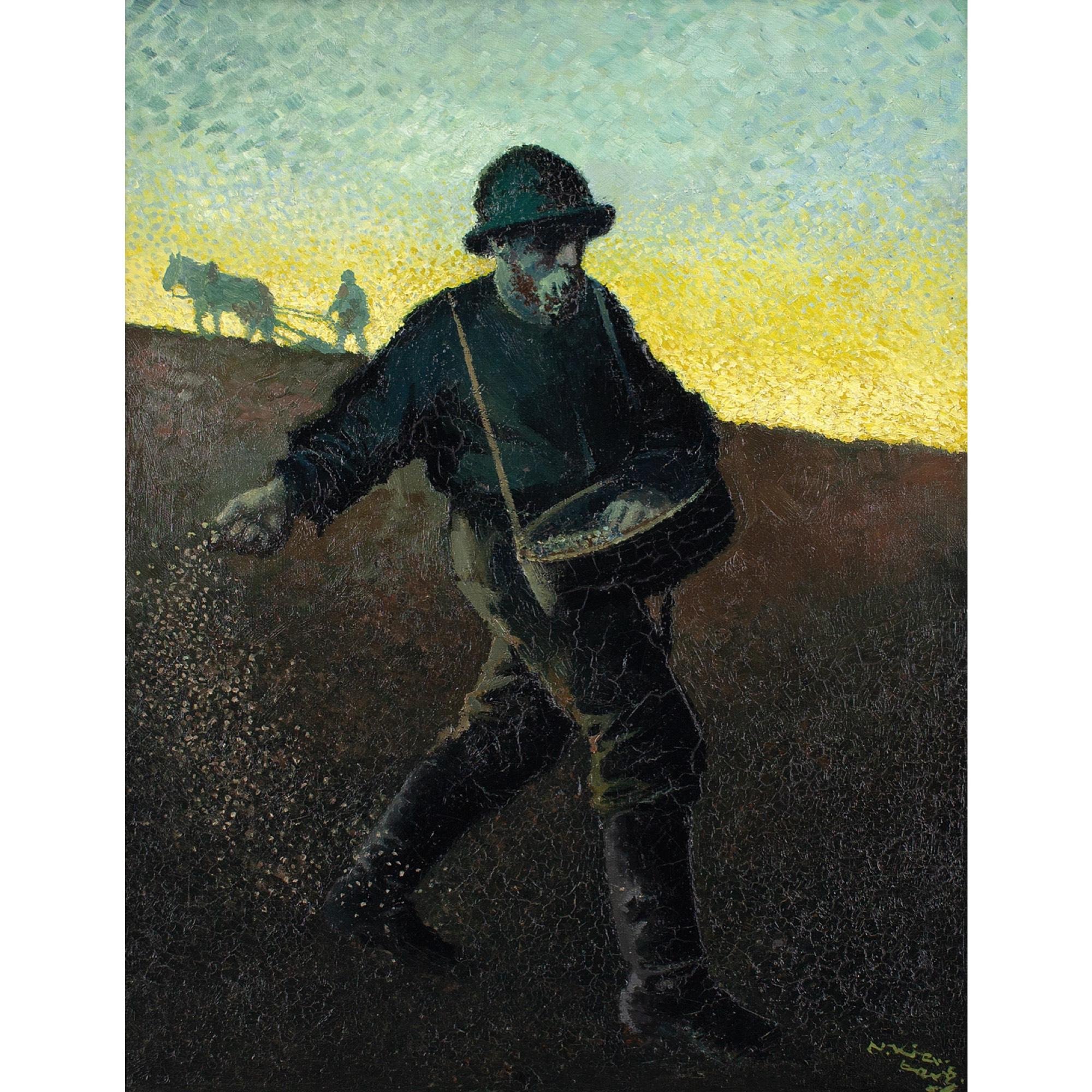 This early 20th-century post-impressionist oil painting by Swedish artist Nils Kjellberg (1871-1938) depicts a field worker sowing the land. It’s inspired by Jean-François Millet’s work of the same name.

Clutching handfuls of seeds he marches