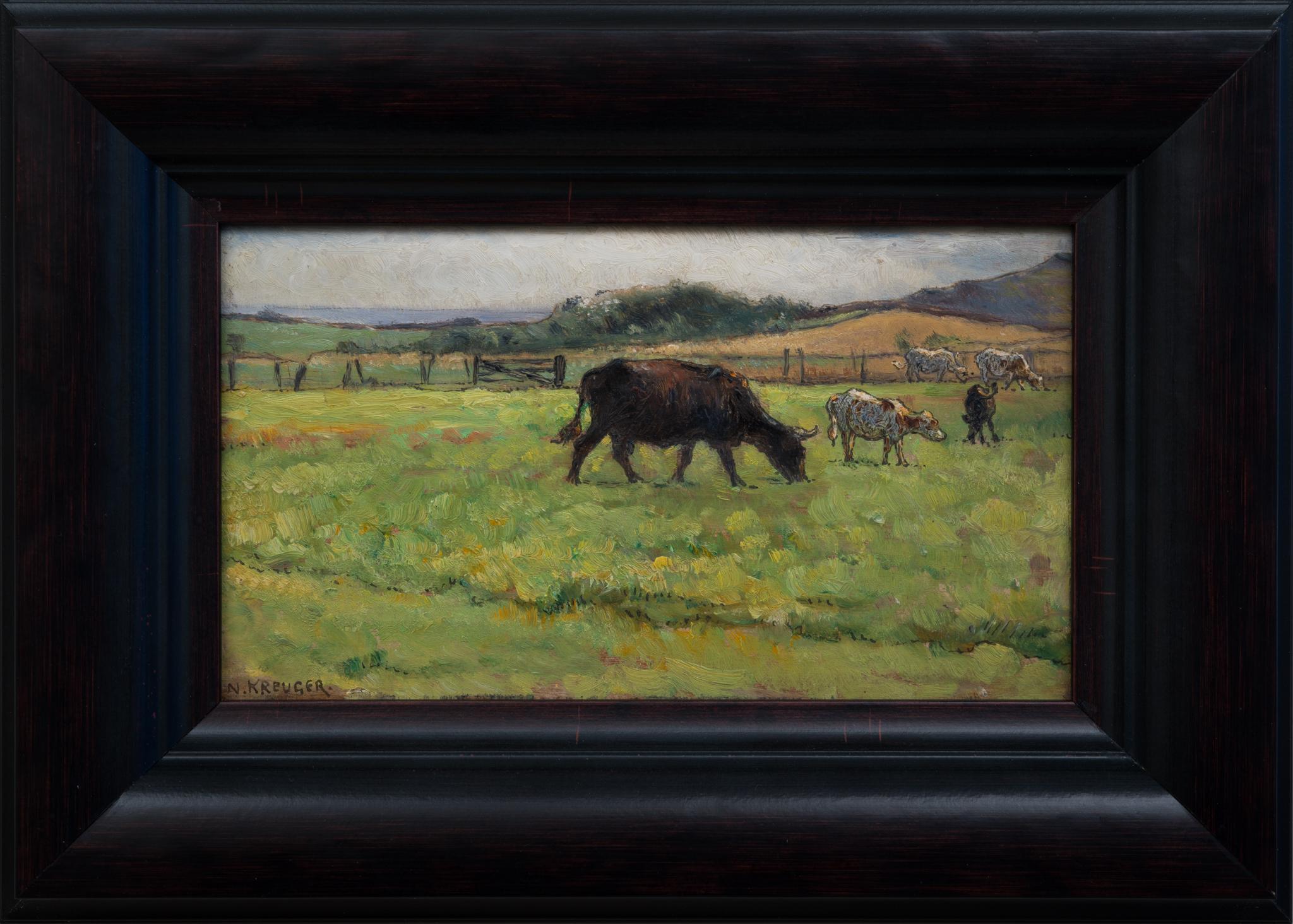 This exquisite oil painting on panel, measuring 13.5 x 24.5 cm, is a beautiful piece by Nils Kreuger, a distinguished Swedish painter. The artwork depicts five cattle grazing on a green meadow, a scene that encapsulates the tranquil beauty of rural