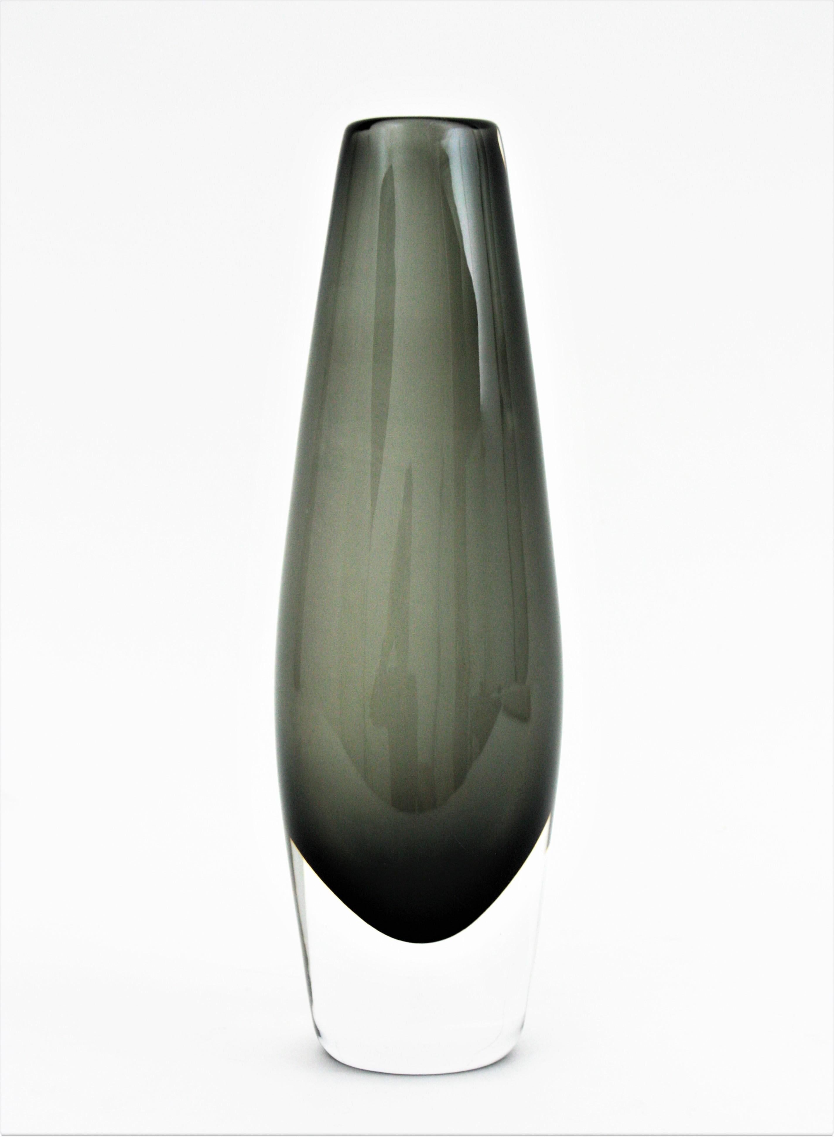 Swedish Nils Lamberg for Orrefors Sommerso Grey and Clear Glass Vase For Sale