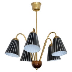 Nils Landberg Attributed Five Arm Chandelier in Striped Glass & Brass, Orrefors