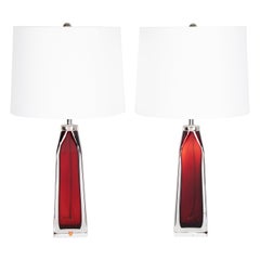Vintage Nils Landberg for Orrefors Ruby Red and Clear Glass Table Lamps, circa 1950s