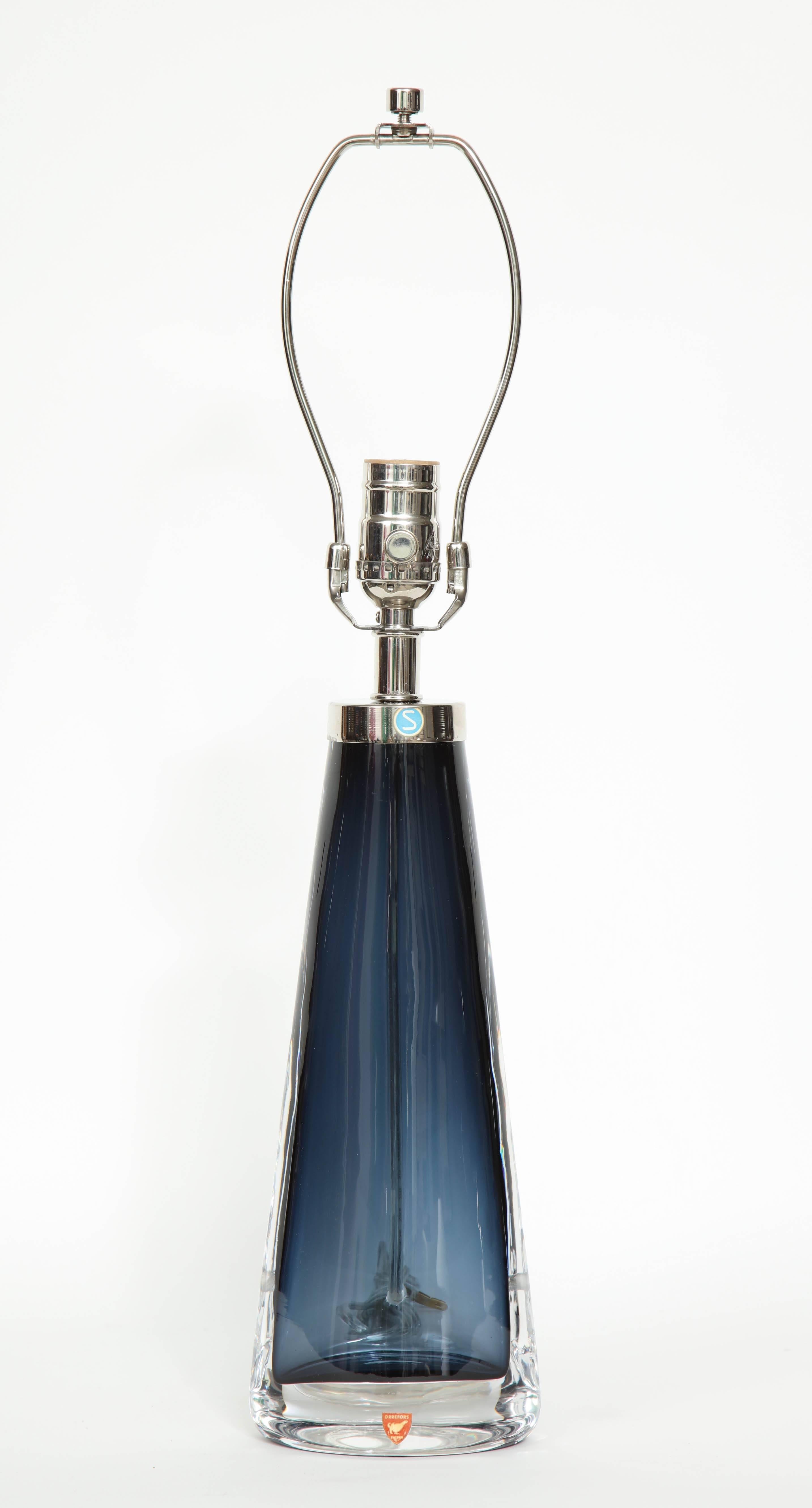 20th Century Nils Landberg for Orrefors Smoked Blue Crystal Lamps