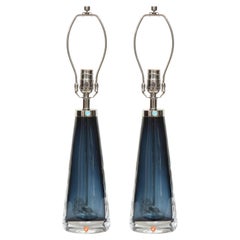 Nils Landberg for Orrefors Smoked Blue Crystal Lamps