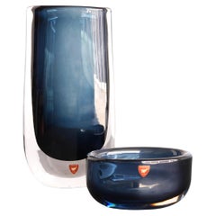 Nils Landberg Glass Vase and Bowl "Midnight Blue Dusk" for Orrefors, Sweden