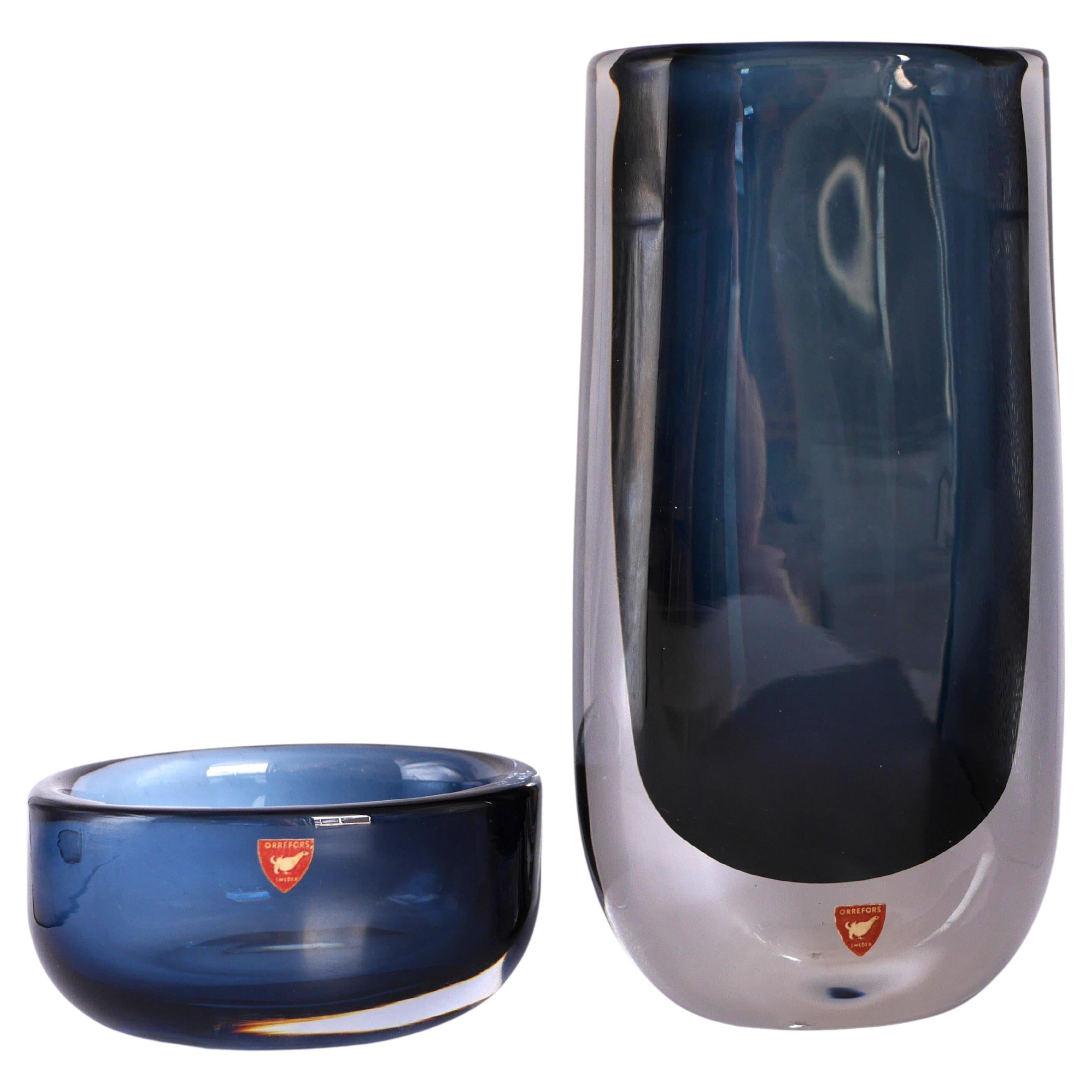 Nils Landberg Glass Vase and Bowl "Midnight Blue Dusk" for Orrefors, Sweden For Sale