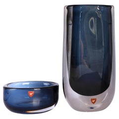 Nils Landberg Glass Vase and Bowl "Midnight Blue Dusk" for Orrefors, Sweden