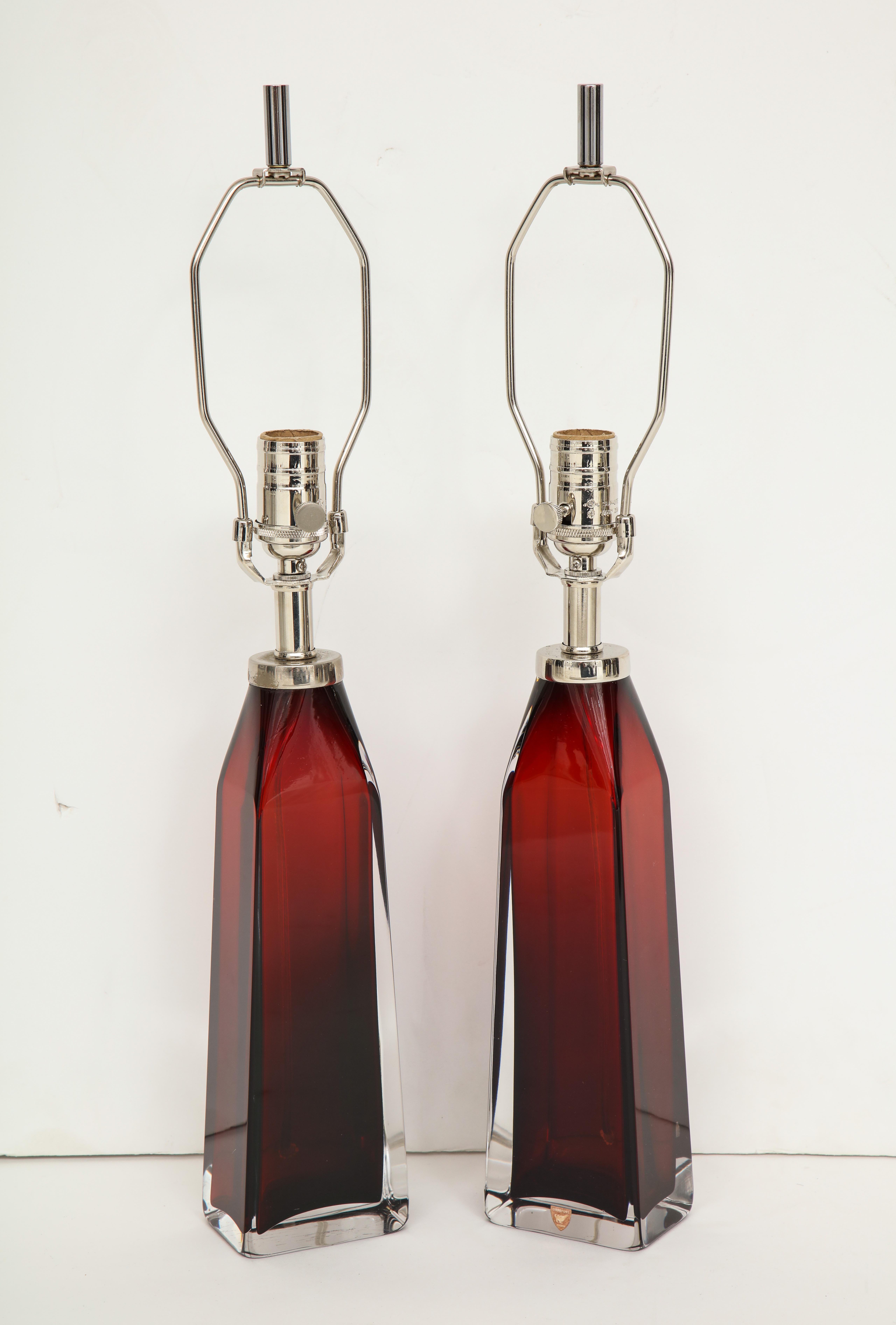 Pair of Crimson Red crystal lamps encased in clear crystal overlay.  Rewired for use in the USA.