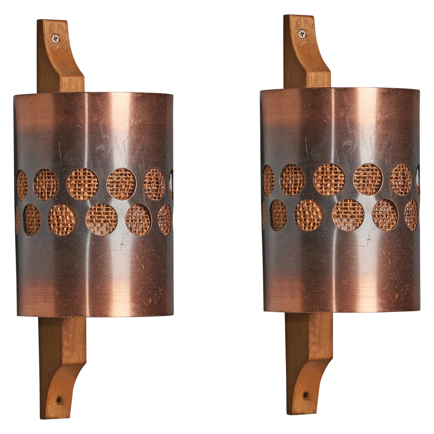 Nils Ledung, Wall Lights, Oak, Copper, Raffia, Suède, années 1960