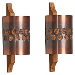 Nils Ledung, Wall Lights, Oak, Copper, Raffia, Suède, années 1960